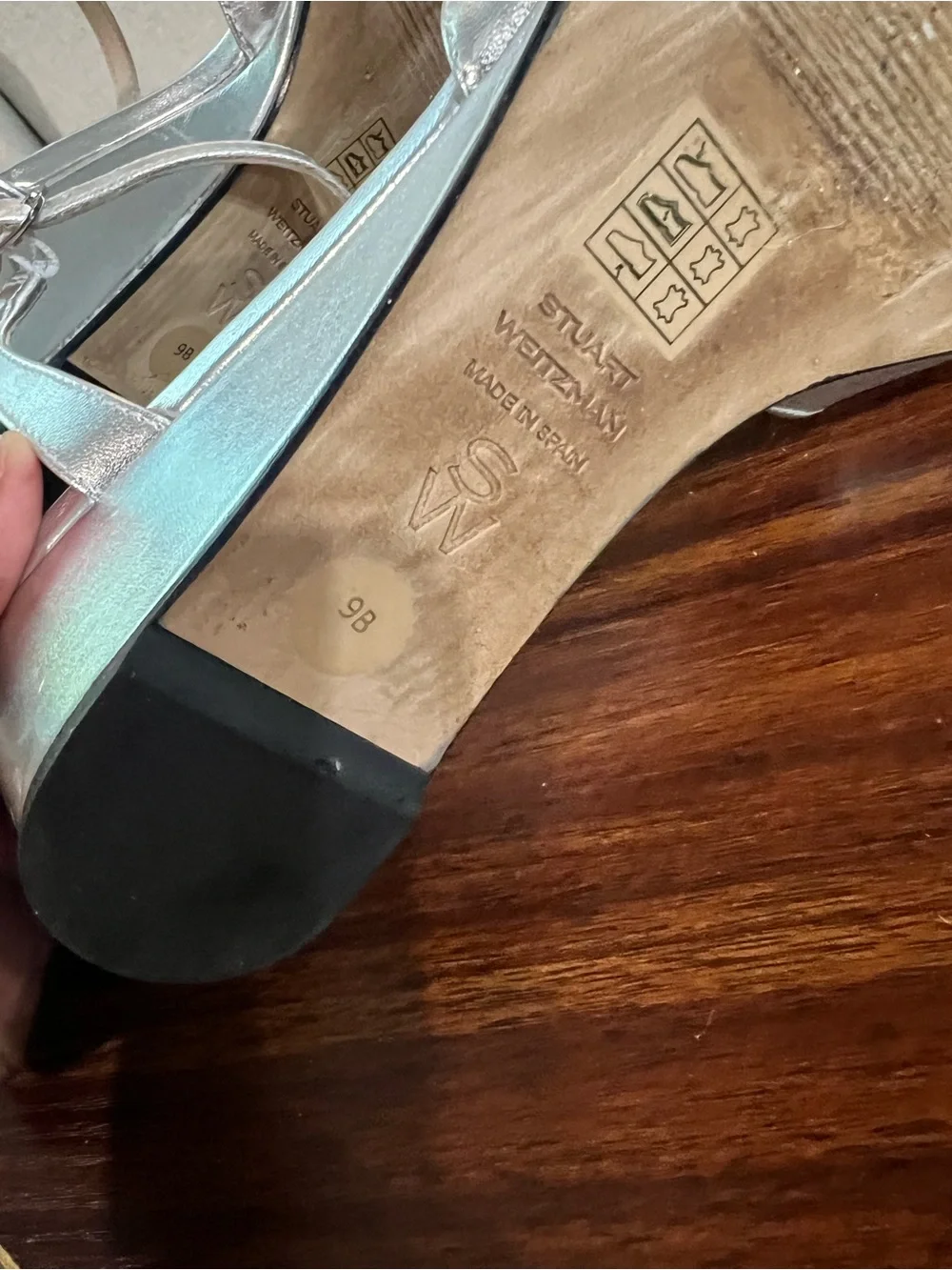 Stuart Weitzman silver metallic leather wedge sandals, size 9B